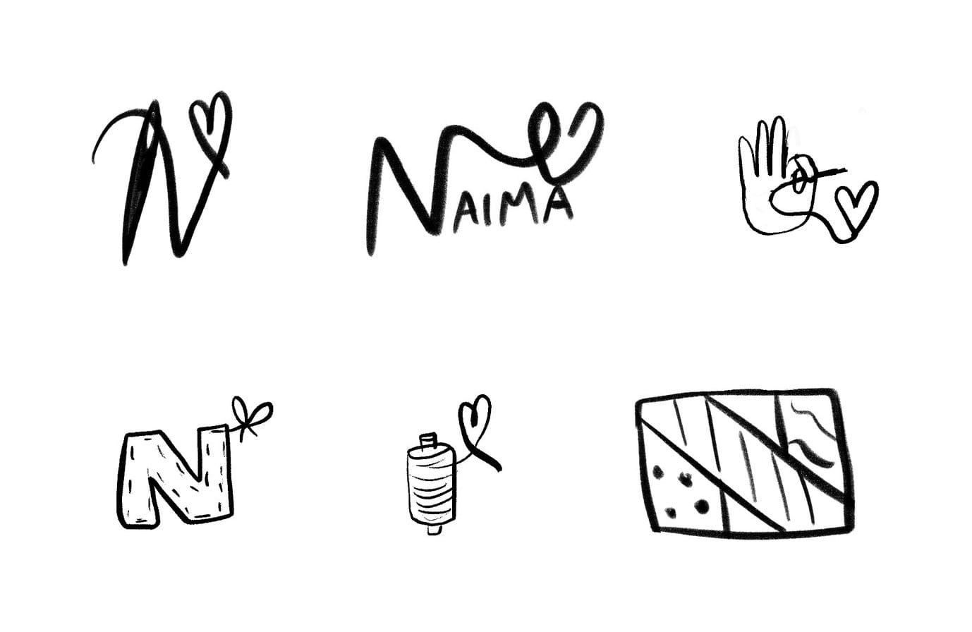 Six hand-drawn NAIMA logo sketches in black: an N with a needle and a heart, the word NAIMA with a looping heart, a hand holding a threaded needle beside a heart, a patchwork N with a bow, a thread spool with a heart, and a patchwork rectangle